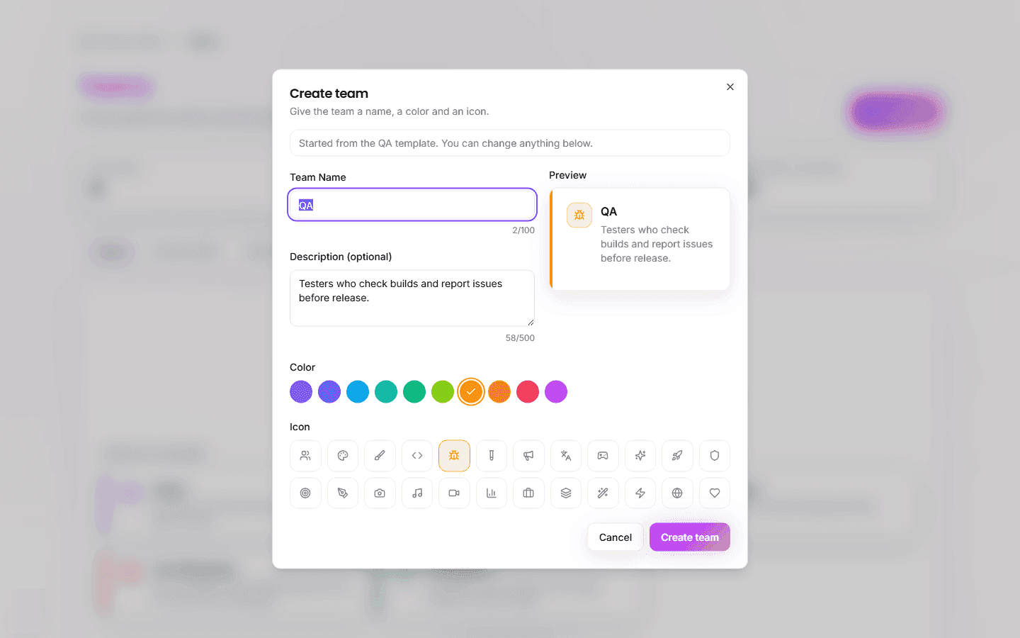 Create team dialog started from a template